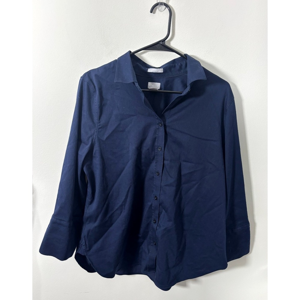 Chico's Size 2 (Large) No-Iron Chic Stretch Navy Blue Button Up Blouse Sleeves